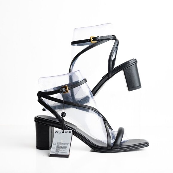 Massimo Dutti Strappy Leather Block Heel Sandals EU 40 US 9 Black 1602/250 NWT - Picture 1 of 9